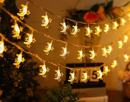 Moon Star String Lights, WFGGEH 20ft 40 LED USB Powered Star and Moon Fairy Lights Warm White for Birthday Party Christmas Holiday Home Decoration