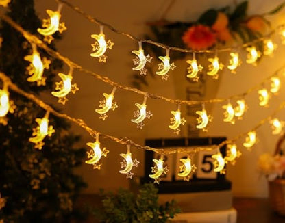 Moon Star String Lights, WFGGEH 20ft 40 LED USB Powered Star and Moon Fairy Lights Warm White for Birthday Party Christmas Holiday Home Decoration