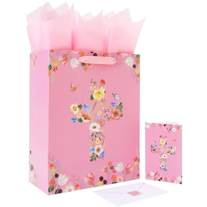 13" Large Floral Religious Gift Bag Set with Handles, Greeting Card, Tissue Papers and Stickers for Women Girls, for First Communions, Baby Girl Baptisms, Christenings, Religious Occasion, Clergy Day, Cross Design, 1 Pcs - color: (13'' Large)Pink