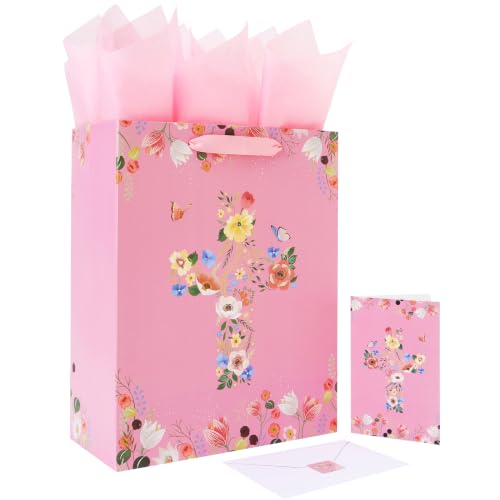 13" Large Floral Religious Gift Bag Set with Handles, Greeting Card, Tissue Papers and Stickers for Women Girls, for First Communions, Baby Girl Baptisms, Christenings, Religious Occasion, Clergy Day, Cross Design, 1 Pcs - color: (13'' Large)Pink