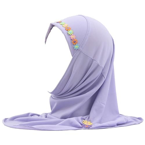 Girls Instant Hijab – Soft Kids Muslim Scarf with Flower, Breathable One-Piece Headscarf for Toddlers Age 2-8 - color: Small Flower-lavander