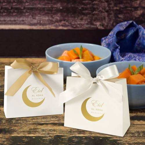 20 Pack Eid Party Favor Box, Eid Moon Candy Box, Ramadan Mubarak Party Goodie Box, DIY Eid Treat Paper Box with Ribbon Bow, Islam Muslim Wedding Festival Candy Box, Chocolate Cookie Souvenir Boxes for Eid Party Supplies Gold Castle Goodie Present Bag - co