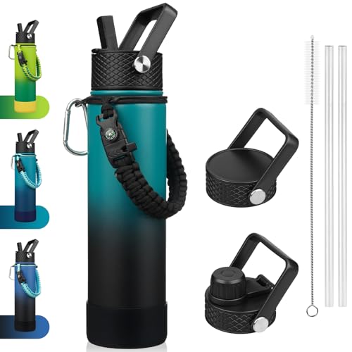 BJPKPK 27oz Insulated Water Bottle with 3 Lids, Straw Lid & Handle - color: Army Green & Black, size: 27 Ounces