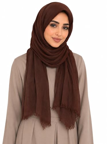 Cotton Linen Plain Hijab Scarf For Women,Muslim Viscose Crinkle Edge With Fringe,Summer Beach Wrap Headwraps Shawl - color: 20#coffee