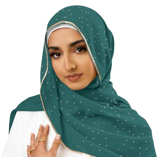 Hijab Scarf for Women Soft Chiffon Rhinestone Long Scarf Shawl Fashion Muslim Hijab Head Wrap Scarves - color: Dark Green