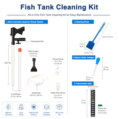 Fish Tank Cleaning Kit, Semi-Automatic Aquarium Gravel Cleaner Siphon Water Changer, Fish Tank Vacuum with Brush, Fish Waste Remover and Thermometer Strip (Non-Electronic) for Gravel and Sand Cleaning