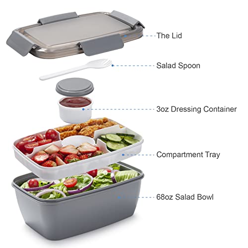 Freshmage Salad Lunch Container To Go, 68-oz Grey-XL, Leak-proof Lid, 4 Compartments, Sauce Container, Safe Material, Easy Carry - color: Grey-68oz