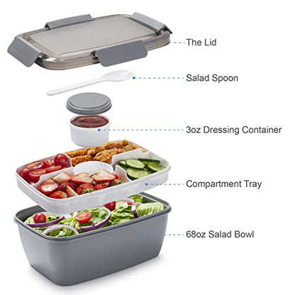 Freshmage Salad Lunch Container To Go, 68-oz Grey-XL, Leak-proof Lid, 4 Compartments, Sauce Container, Safe Material, Easy Carry - color: Grey-68oz