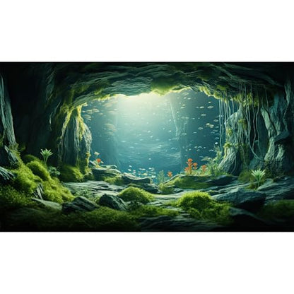 Underwater Aquarium Background Undersea Cave Large Rocks Fish Tank Background Aquatic Plant Lush Green Moss Terrarium Backgrounds Ocean Seabed Caves Landscape Reptile Tank Backgrounds 30x12in - size: 30(W)x12(H)inches/ 75(W)*30cm(H)
