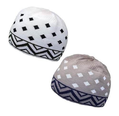 Set 2 PCS Muslim Beanies Kufi Hat for Men AMN-225B Skull Cap Islam Taqiyah Takke Eid Ramadan Gift - color: Color E
