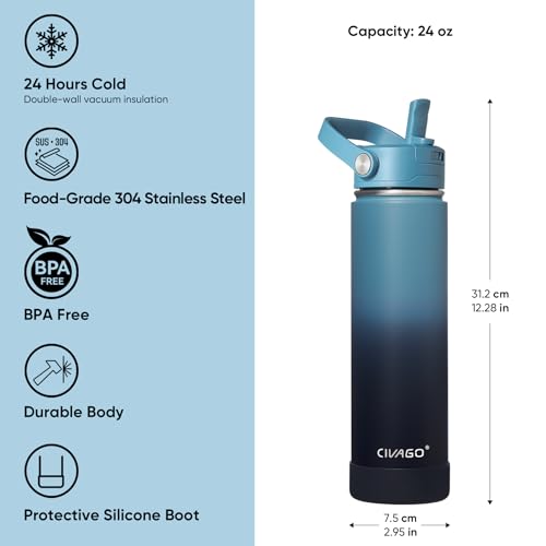 CIVAGO 24 oz Insulated Stainless Steel Water Bottle with Detachable Straw, Large Metal Water Jug with Bucket Handle, Leakproof Sports Water Flask with Silicone Boot, Dishwasher Safe, Indigo Black - color: .Indigo Black, size: 24 Ounces