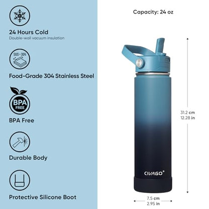 CIVAGO 24 oz Insulated Stainless Steel Water Bottle with Detachable Straw, Large Metal Water Jug with Bucket Handle, Leakproof Sports Water Flask with Silicone Boot, Dishwasher Safe, Indigo Black - color: .Indigo Black, size: 24 Ounces