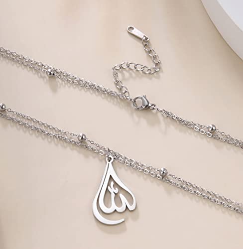 UNIFT Islamic Muslim Allah Layered Necklaces For Women Stainless Steel Charm Water Drop Heart Shape Allah Pendant Double Layer Necklace Islamic Jewelry - color: silver