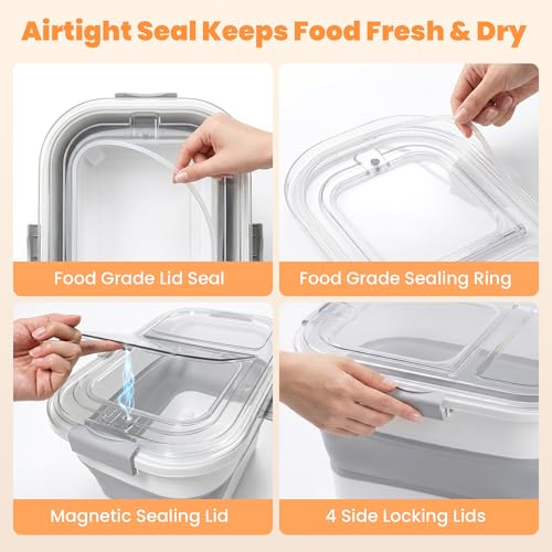 30 Lbs Rice Storage Container with Wheels, Collapsible Airtight Dog Food Storage Container with Transparent Lid, Measuring Cup, Scoop, Handle, BPA Free Rice Holder for Pet Food, Grain, Bird Seed - color: Grey/25-30lbs
