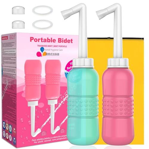Upside Down Peri Bottle for Postpartum Care, Portable Bidet Bottle with Travel Bag, Handheld Perineal Sprayer,Reusable Douche Bottle for Women,Men,Baby,Personal Hygiene 450ml-2Pack(Green Pink) - color: Green Pink