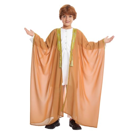 IWEMEK Kids Abaya Arabic Thobe for Boys Muslim Robes Islamic Prayer Clothes Embroidered Chiffon Kaftan Cardigan Dubai Thobe - color: Camel, size: 4-5T