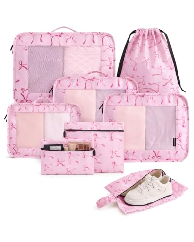 LIGHT FLIGHT 8 Set Packing Cubes for Travel, Cruise Ship Travel Essentials - color: Girly Pink Bows
