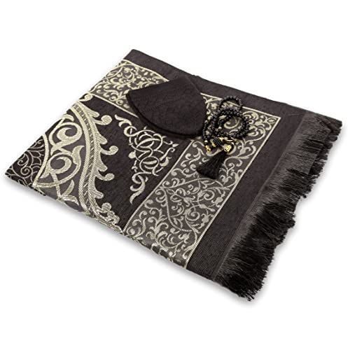 Muslim Prayer Rug Prayer Beads Kufi Hat for Men and Women 100% Breathable Black Skull Beanie Traditional Desing Prayer Mat Eid Ramadan Gifts Islamic Set Salah Mat Taffeta Fabric Soft (Black) - color: Black