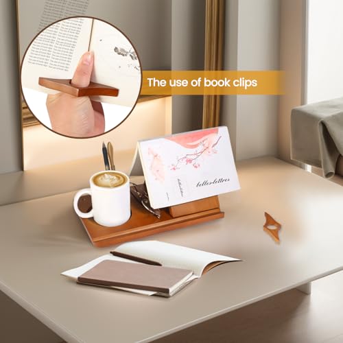 Wood Desktop Book Stand for Reading Rest Birthday and Mothers Day Gifts, Book Page Holder Thumb Bookmark,Magnet Couple Photo or Note, Book Accessories, Triangle Book Nook with Cup for Book Lovers - style: Magnetic attraction