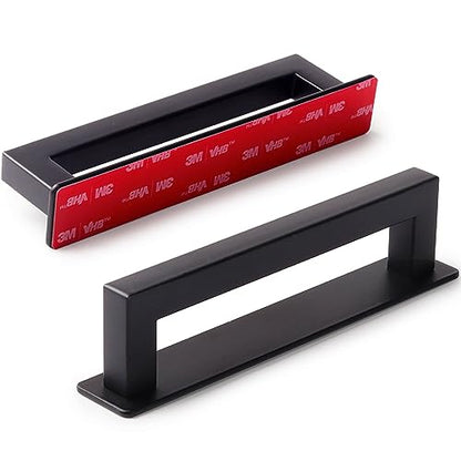 RVPEKUPE Adhesive Cabinet Handles, Matte Black, 6", 2-Pack | Stainless Steel Feel, Square Bar Grip with Base, Stick On Handle, No Drill Pulls for Drawer Closet Glass Sliding Shower Door - size: Overall Length 6"