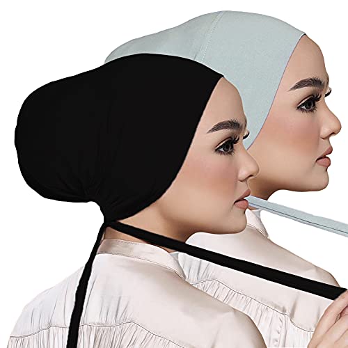 Women Under Scarf Hat Hijab Undercap Islamic Muslim Under Scarf Hijab Cap with Tie-Back Closure - color: Black+gray(2pcs)