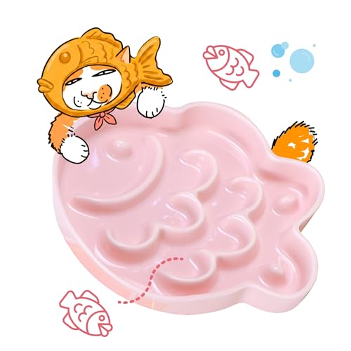 Ceramic Cat Slow Feeder Bowl - Shallow Whisker Friendly Cat Plate for Dry and Wet Food - Puzzle Feeder for Slow Eating - Helps Reduce Vomiting - Microwave & Dishwasher Safe -Non Slip(Pink, 6.3''W) - color: Pink