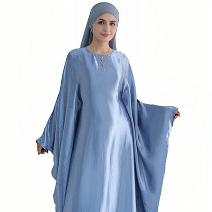 Abaya Muslim Women Dress Satin Batwing Sleeve Kaftan Maxi Arabian Dubai Islamic Ramadan Prayer Dress with Hijab Scarf - color: Blue