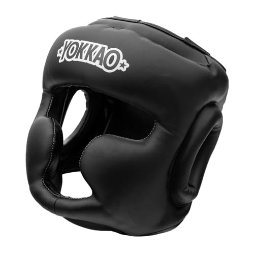 YOKKAO Premium Head Guard | Handmade Genuine Leather Headgear | Ideal for Muay Thai, Boxing, Kickboxing Sparring, Hard Training & Professional Competitions - color: Black Training, size: Medium