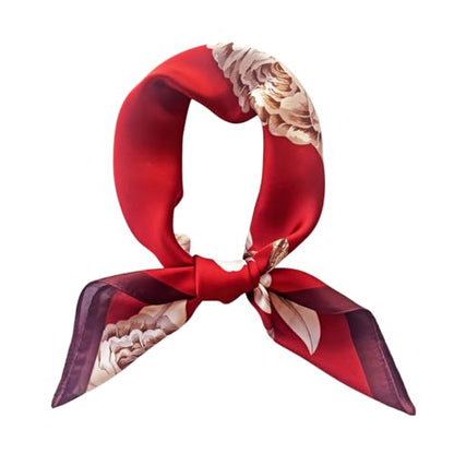 FONYVE Silk Feeling Scarf Medium Square Satin Head Scarf for Women 27.5 × 27.5 inches - color: 03 Red Flowers