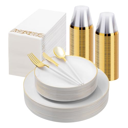 Bestluck 175 Pcs White Gold Plastic Plates,Disposable Dinnerware Set - color: White, size: 25 Guests