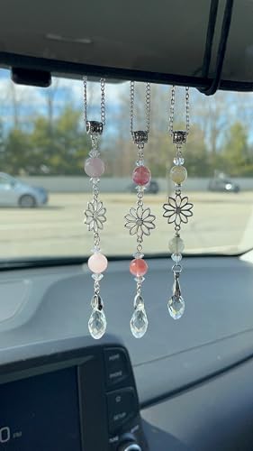 Flower Rear View Mirror Car Charms,Crystal Boho Car Mirror Hanging Decor for Women Men Healing Blue Aquamarine Sun Catcher Cute Decorations Accessories