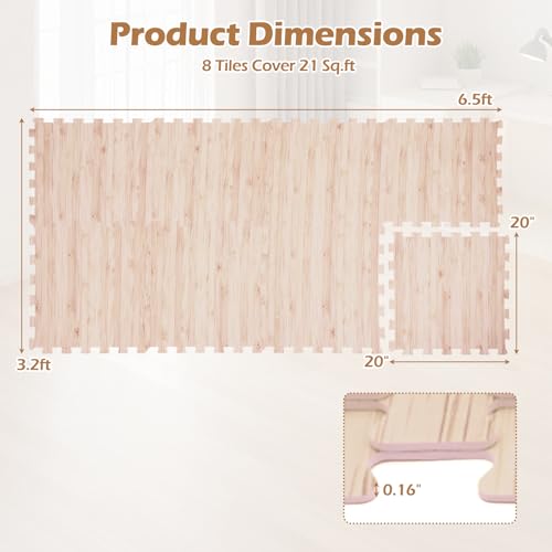 Giantex Wood Grain Floor Tiles Foam Mat, 24 PCS EVA Foam Puzzle Mats, 20'' x 20'' Interlocking Exercise Mat, Floor Padding for Furniture, Living Room, Bedroom, Gym, Home Office, Basement, Light Oak - size: 63 sq. ft. (24 pcs)