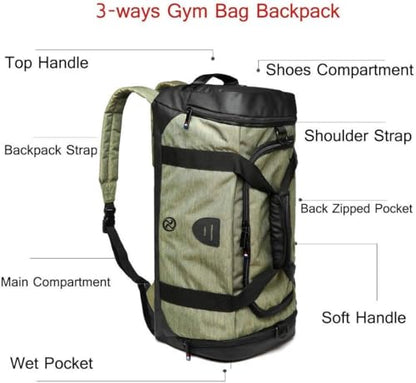Gym Bag Backpack Waterproof Duffle Bags Travel Weekender Duffel Bag for Men Women Overnight Bag with Shoes Compartment Green - color: Green-A, size: Medium 45L