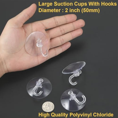 12 Pieces Large Suction Cups with Hooks 2 inch Clear Plastic Sucker Hooks for Glass Window Wall Festivals Parties Theme Carnival Decoration Door Bathroom Kitchen - size: 2"+hooks"