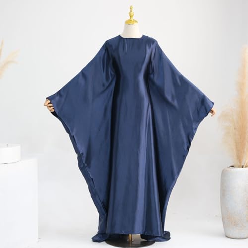 Muslim Dress Women Abaya Elegant Satin Prayer Dress Batwing Long Sleeve with Hijab Arab Islamic Dubai Ramadan Robe - color: Darkblue