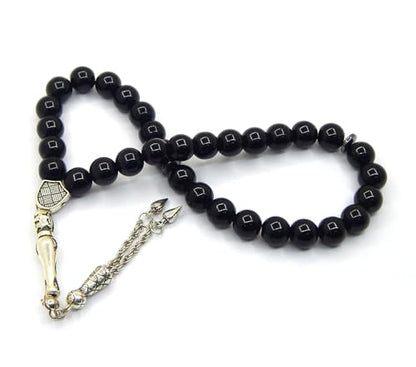 Perlin Muslim Prayer Beads 33 Bead Black Onyx Tasbih – Islamic Misbaha Subha Dhikr Beads with 10 mm Polished Onyx Gemstone Beads, Hematite Spacers and 925 Sterling Silver Imam, Ottoman Style Rosary
