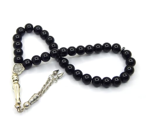 Perlin Muslim Prayer Beads 33 Bead Black Onyx Tasbih – Islamic Misbaha Subha Dhikr Beads with 10 mm Polished Onyx Gemstone Beads, Hematite Spacers and 925 Sterling Silver Imam, Ottoman Style Rosary