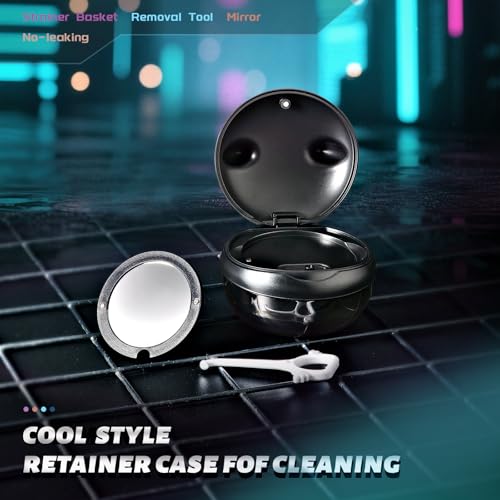 Retainer Case Denture Bath Case Basket Mirror Leak-proof Black Cat | 2-in-1 design Strainer Basket No-Leak Cleaning Case for Mouth Guard Cute Removal Tool,Aligner chewies,Bursh - color: Black Cat