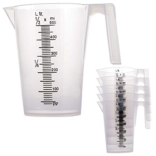 TCP Global 1/2 Liter (500ml) Plastic Graduated Measuring and Mixing Pitcher (Pack of 6) - Holds Over 1 Pint (16oz) - Pouring Cups, Measure & Mix Paint, Resin, Epoxy, Kitchen Cooking Baking Ingredients - size: 500ml