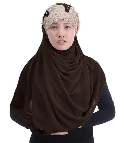 Lina & Lily Premium Chiffon Hijab Head Scarf Wrap with Gold Sequins Glitters Beads for Muslim Women - color: Dark Brown