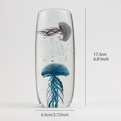 Glow in the Dark Jellyfish Paperweight, 6.8" Tall Glass Cylinder Aquarium with 3 Floating Jellies (Blue, White, Grey), Luminous Ocean Decor Night Light for Home Office