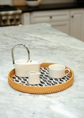 Magenta & Teal Round Rattan Serving Tray with Mother of Pearl Inlay, Wicker Coffee Table Decor, Farmhouse Style (Navy Fish) - color: Navy Fish