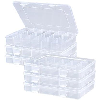 MREEYFILL 6-Pack 18-Grid Clear Plastic Organizer Box 8x6x1 | Small storage case, adjustable dividers for beads, jewelry, mini craft, nail art, fishing hooks, screws, tiny hardware