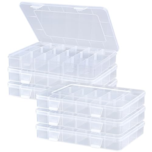 MREEYFILL 6-Pack 18-Grid Clear Plastic Organizer Box 8x6x1 | Small storage case, adjustable dividers for beads, jewelry, mini craft, nail art, fishing hooks, screws, tiny hardware