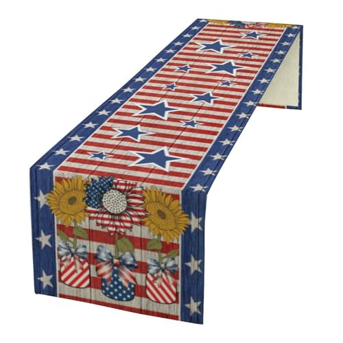 4th of July Table Runner,American Sunflower Wood Board Flag Stars Stripes Independence Day Table Cloth for Home Indoor Outdoor Kitchen Holiday Birthday Party Decor 13x36 Inch - color: American Flag-2, size: 13x36in