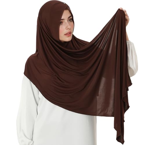 khalat Instant Hijab 여성용 무슬림 샤이니 라인스톤 데일리 스카프 부드럽고 신축성 있는 단색 이슬람 기도 히잡 - color: 커피.