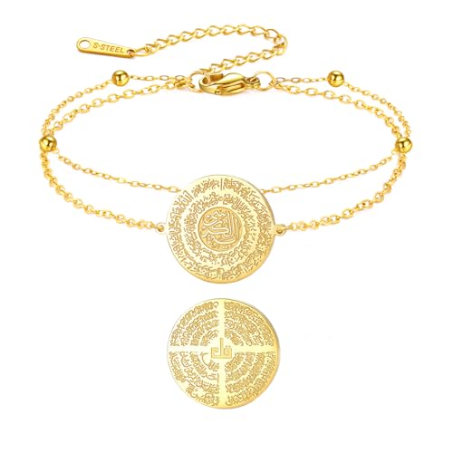 Dreamtimes Islamic Ayatul Kursi Bracelet for Women Men Muslim Quran Allah Adjustable Bracelet Ayatul Kursi Double-Sided Engraved Arabic Calligraphy Bracelets for Islam Eid Ramadan - color: Gold