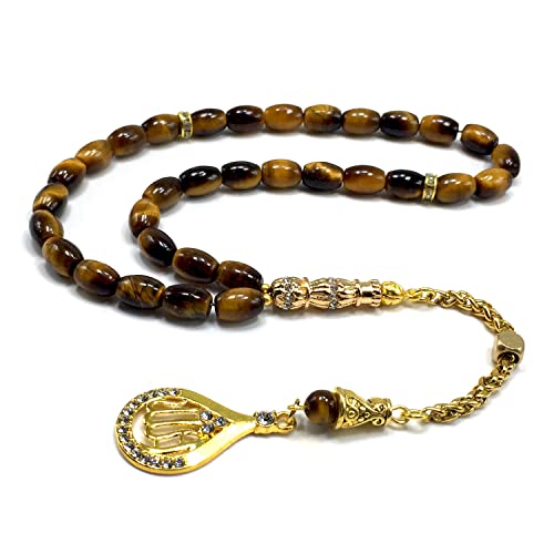 Design -Tiger Eye Stone Series Worry Beads - Prayer Beads (8 mm-33 Beads) Tesbih-Tasbih-Tasbeeh-Misbaha-Masbaha-Subha-Sebha-Sibha-Rosary (-Oval Cut Gold Model 6x9 mm-) - color: -Oval Cut Gold Model 6x9 mm-