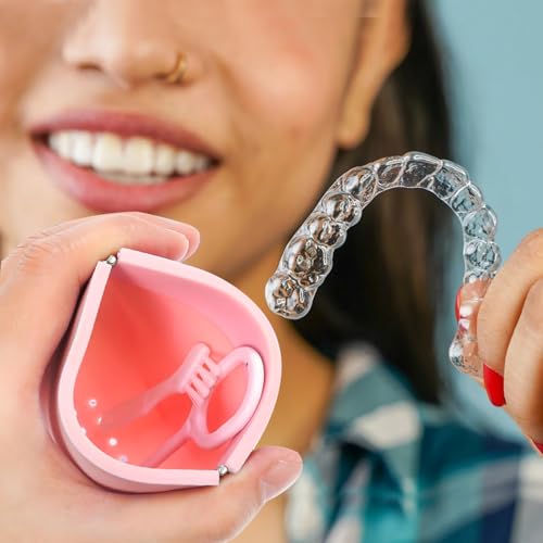 Silicone Retainer Denture Storage Case Holder, Portable Slim Dental Container Cleaning Box with Drain Holes and Leakproof for Aligners, Mouth Guards, Night Guards, Removable Dental Appliances (Pink) - color: Pink