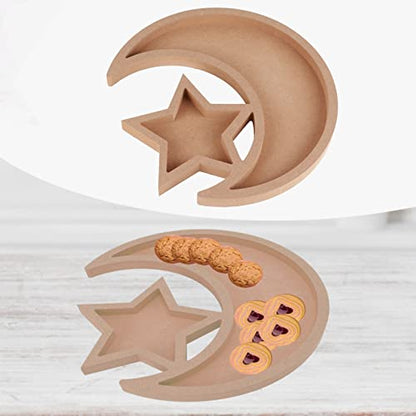 Ramadan Serving Tray, Wooden Moon and Star Shaped Dessert Trays Pastry Display Holder Fruit Storage Tableware Decoration Ornament